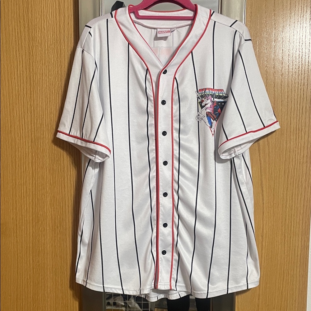Marvel Deadpool White with Red and Black striped jersey logo on front and back